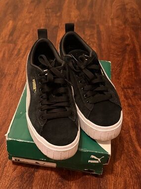 Puma Black Suede Platform Sneakers with White Sole and Gold Logo